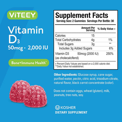 Viteey Vitamin D3 Gummies for Adults & Teens - 2,000 IU, 50mcg - Regular Strength - Chewable Vitamin D Gummies - Vegetarian, Gelatine Free - 120 Count