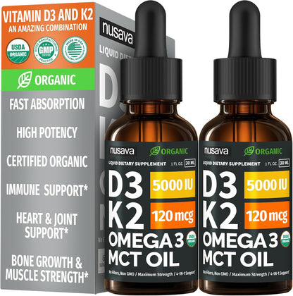 (2 Pack) Organic Vitamin D3 K2 Drops with MCT Oil & Omega-3 - Liquid Vitamin D3 5000 IU - K2 D3 Vitamin Supplement - Vitamin D Drops for Women & Men - No Fillers, Non-GM, GMP, Unflavoured (60 ml)
