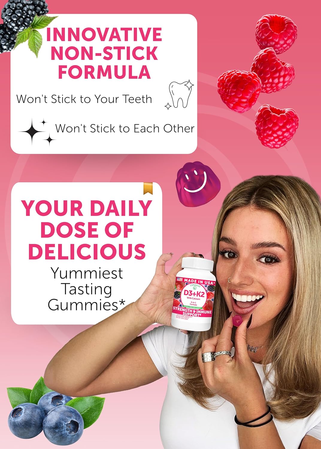 Lunakai Vitamin D3 K2 Gummies with Calcium – Vegan, 2000 IU D3 + 100 mcg K2 (MK7) + 100 mg Calcium – 60 Count - görsel 3