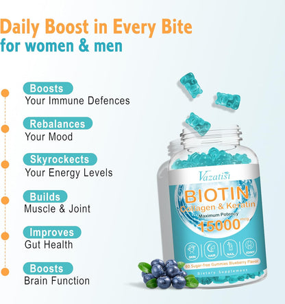 Biotin with Collagen Gummies, Hair, Skin and Nails Vitamins Gummies for Hair Growth, Glowing Skin & Strong Nails - Blueberry – Image 5