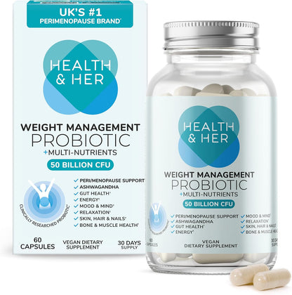 Health & Her Weight Management Probiotics for Women – Perimenopause & Menopause Supplement – Clinically Studied 50bn CFU Probiotics to Support Gut Health, Energy, Mood & Mind – Vegan (60 Capsules, One Month Supply)