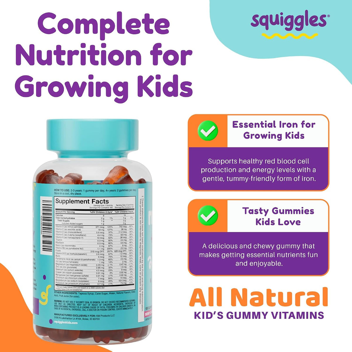 Squiggles Kids Multivitamin + Iron Gummies - Low Sugar, Berry Flavour (100 Count) - görsel 2