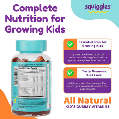 Squiggles Kids Multivitamin + Iron Gummies - Low Sugar, Berry Flavour (100 Count)