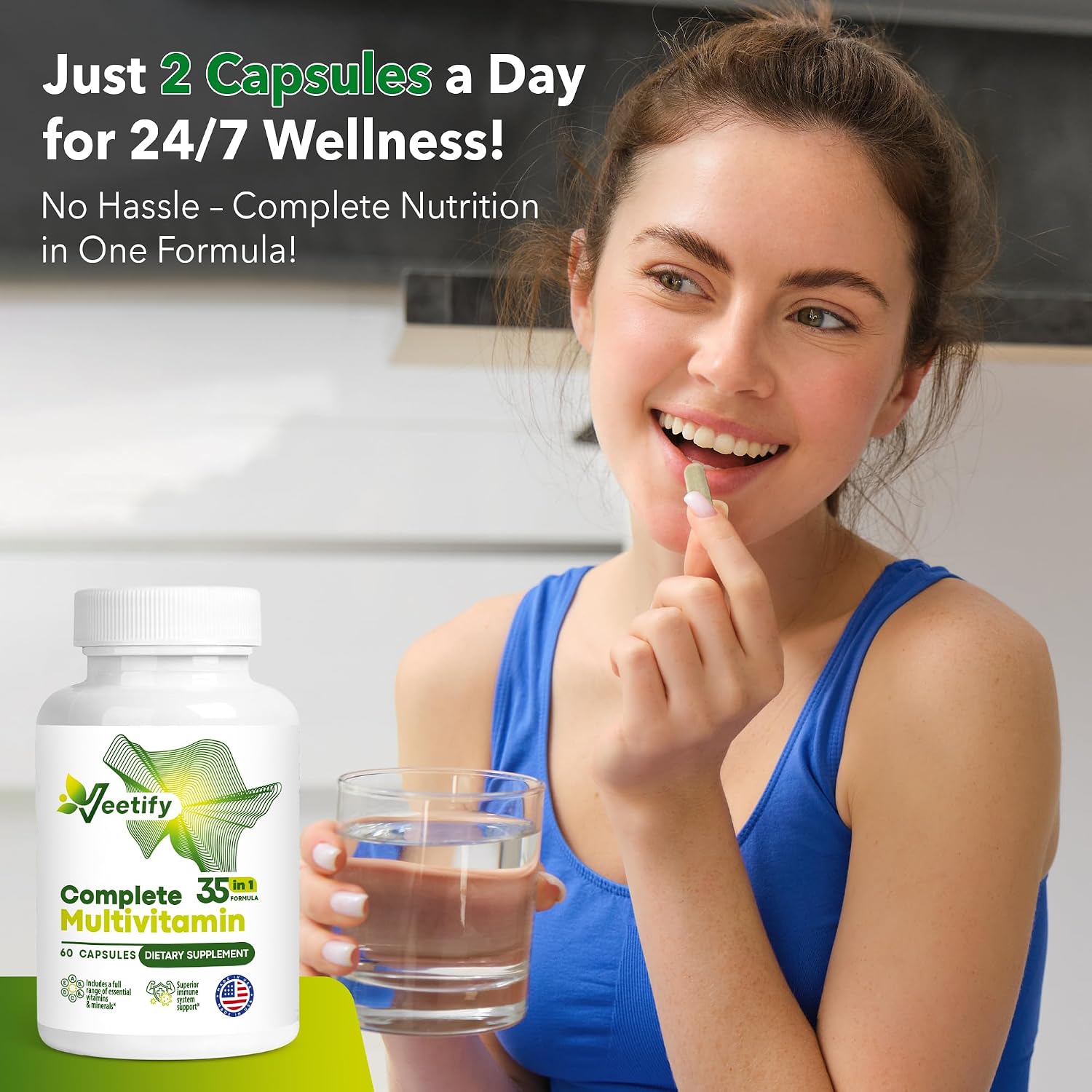 Complete Multivitamin 35-in-1 – High-strength Daily Vitamins & Minerals with Antioxidants (A, B-Complex, C, D, E), Magnesium, Zinc & Green Tea Complex for Women & Men – 60 Vegan Capsules - görsel 6