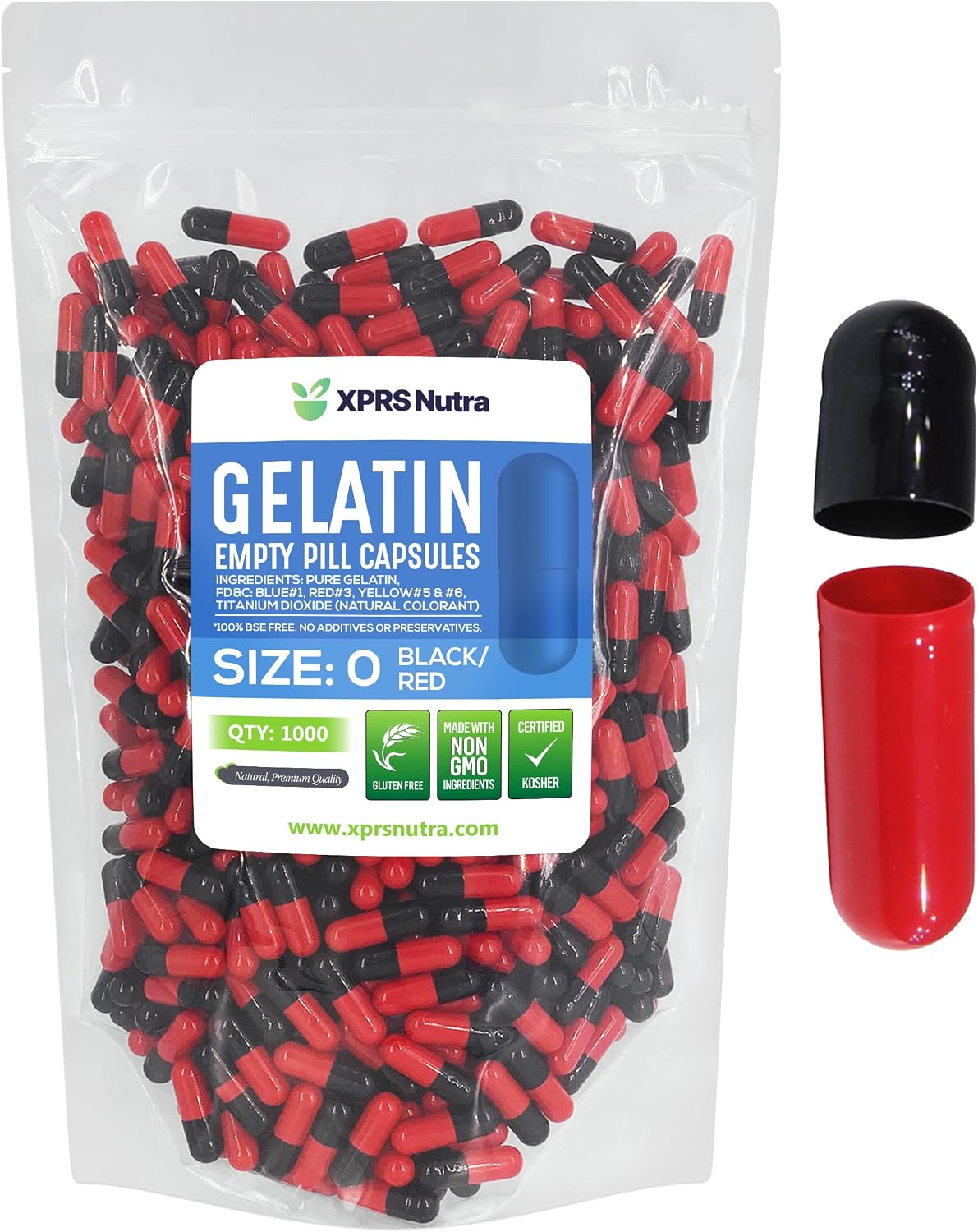 XPRS Nutra Size 0 Empty Capsules - 1000 Count Empty Gelatine Capsules - Pills DIY Capsule Filling - Pure Bovine Pill Gel Caps for Do-It-Yourself Supplements (Black/Red) - görsel 1