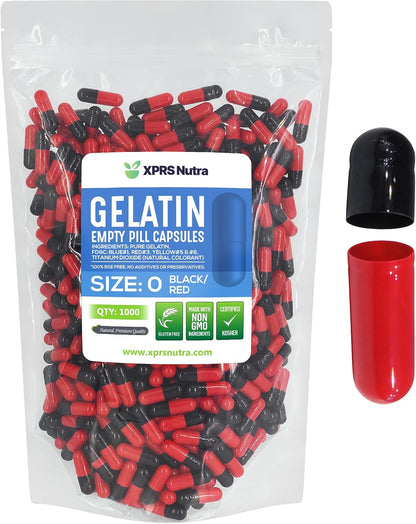 XPRS Nutra Size 0 Empty Capsules - 1000 Count Empty Gelatine Capsules - Pills DIY Capsule Filling - Pure Bovine Pill Gel Caps for Do-It-Yourself Supplements (Black/Red)