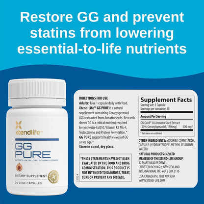Xtendlife GG Pure for Statin Users – Geranylgeraniol 150mg for CoQ10 Support, Bone, Muscle & Heart Health – 30 Servings