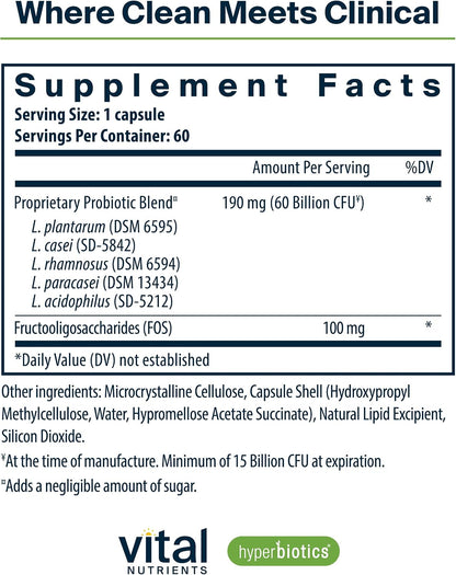 Hyperbiotics Vital Nutrients Prebiotic and Probiotic – 60 Billion CFU, 60 Vegan Capsules