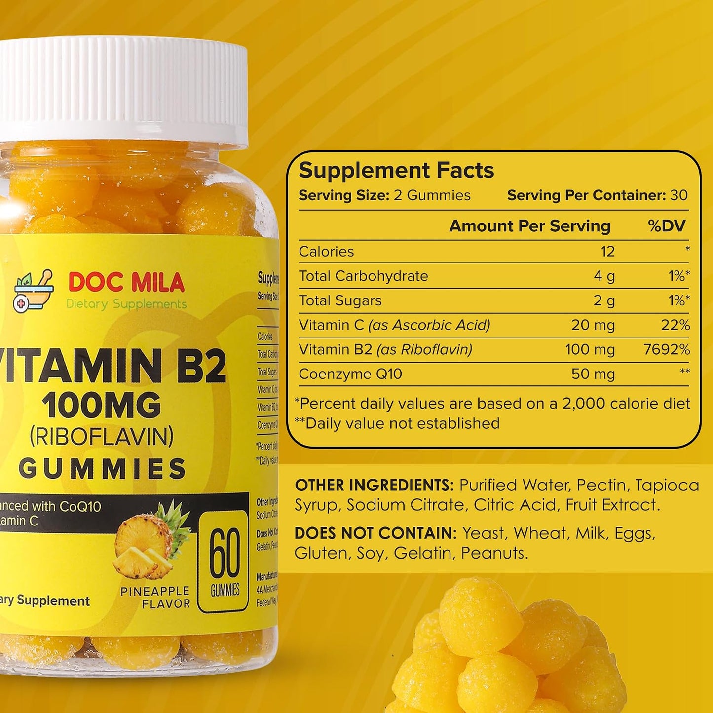 Doc Mila Vitamin B2 100mg Gummies – Riboflavin Supplement for Adults and Kids, Pineapple Flavour - görsel 2