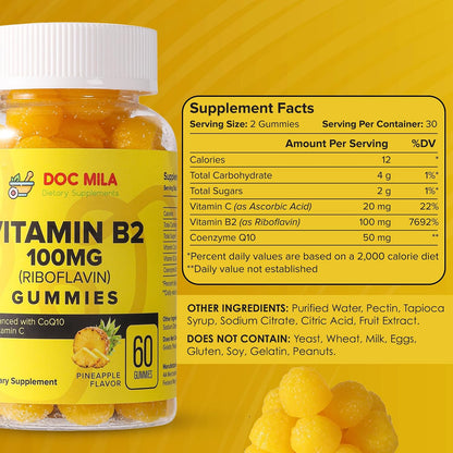 Doc Mila Vitamin B2 100mg Gummies – Riboflavin Supplement for Adults and Kids, Pineapple Flavour