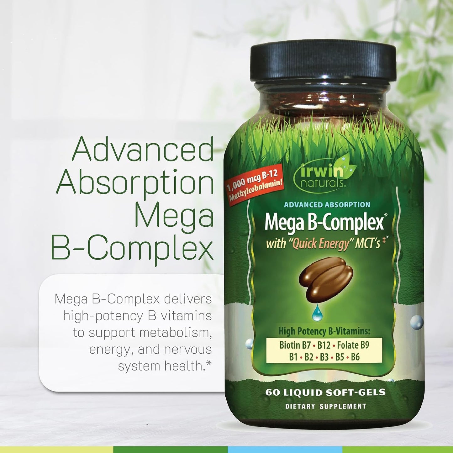 Irwin Naturals Mega B-Complex - 60 Liquid Softgels - Vitamin B Complex with Vitamin B12, Folate B9, Biotin B7, B1, B2, B3, B5, B6, and Rapid Energy MCTs - görsel 5