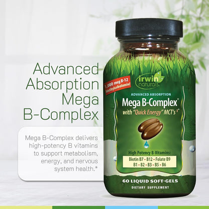 Irwin Naturals Mega B-Complex - 60 Liquid Softgels - Vitamin B Complex with Vitamin B12, Folate B9, Biotin B7, B1, B2, B3, B5, B6, and Rapid Energy MCTs