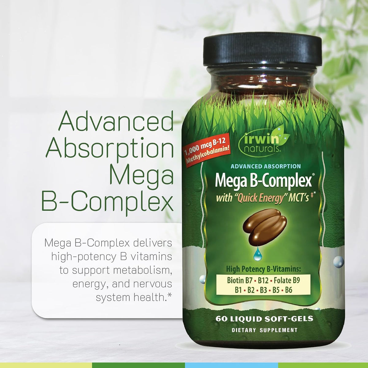Irwin Naturals Mega B-Complex - 60 Liquid Softgels - High Potency B Vitamins with Methylcobalamin B12, Folate, Biotin, and MCTs for Quick Energy - görsel 5