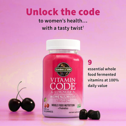 Garden of Life Vitamin Code Women's Multivitamin Gummies with Iron and Probiotics, Cherry Flavour, 90 Gummies
