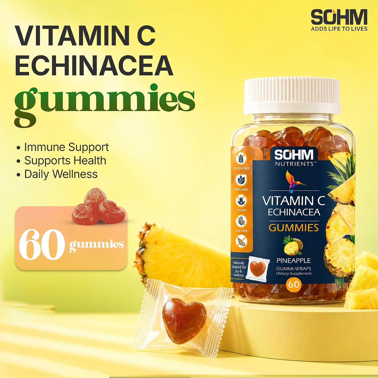 SOHM Vitamin C + Echinacea Gummies - 60 Count - Individually Wrapped - Vegetarian - görsel 2