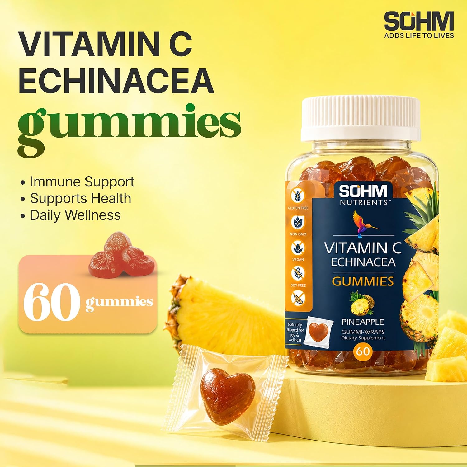 SOHM Vitamin C + Echinacea Gummies - 60 Count - Individually Wrapped - Vegetarian - görsel 2
