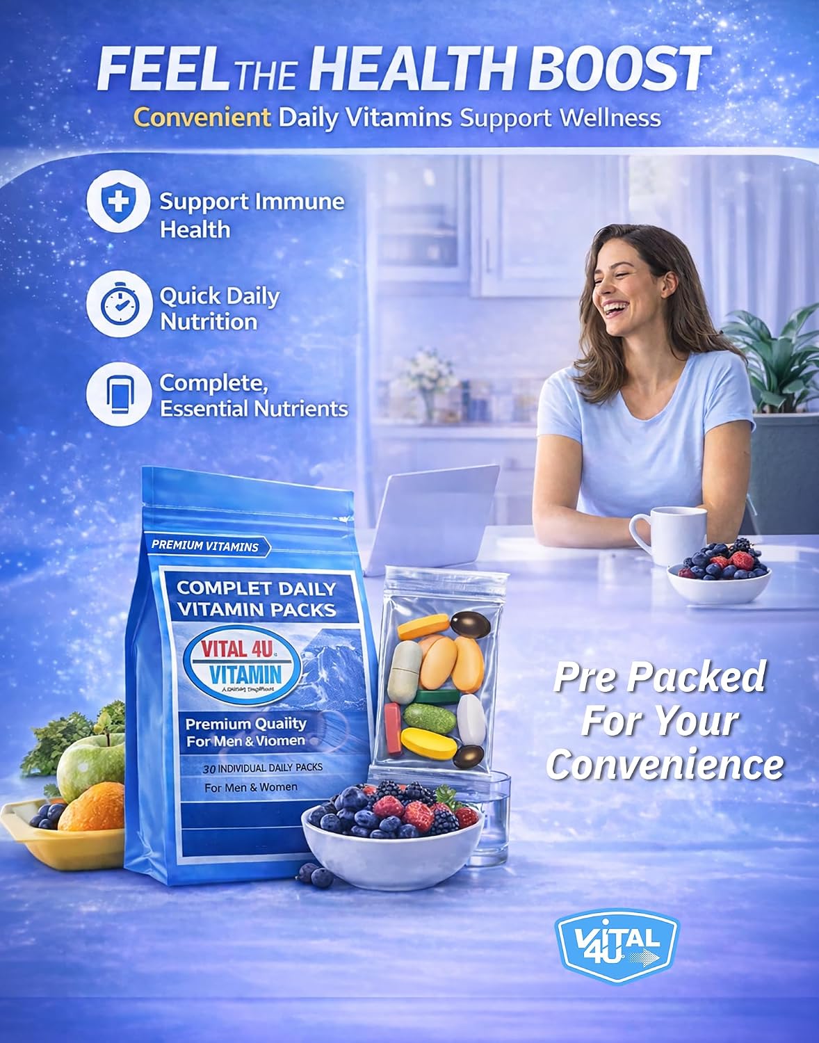VITAL 4U Premium Daily Multivitamin Packs for Men and Women, 30 Servings - görsel 4