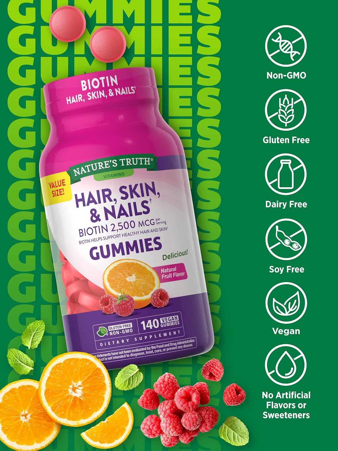 Nature's Truth Hair, Skin and Nails Gummies with Biotin - 140 Count - Vegan, Non-GMO, Gluten-free - görsel 3