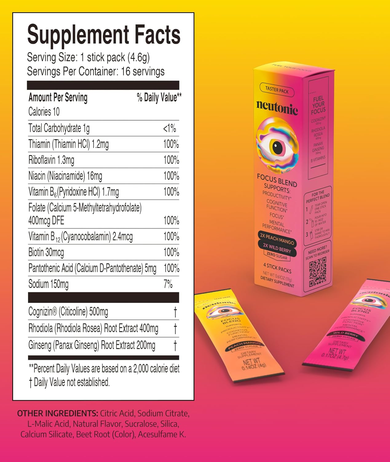 Neutonic Nootropic Focus Blend Powder - Peach Mango & Wild Berry (4 Sticks) - görsel 7