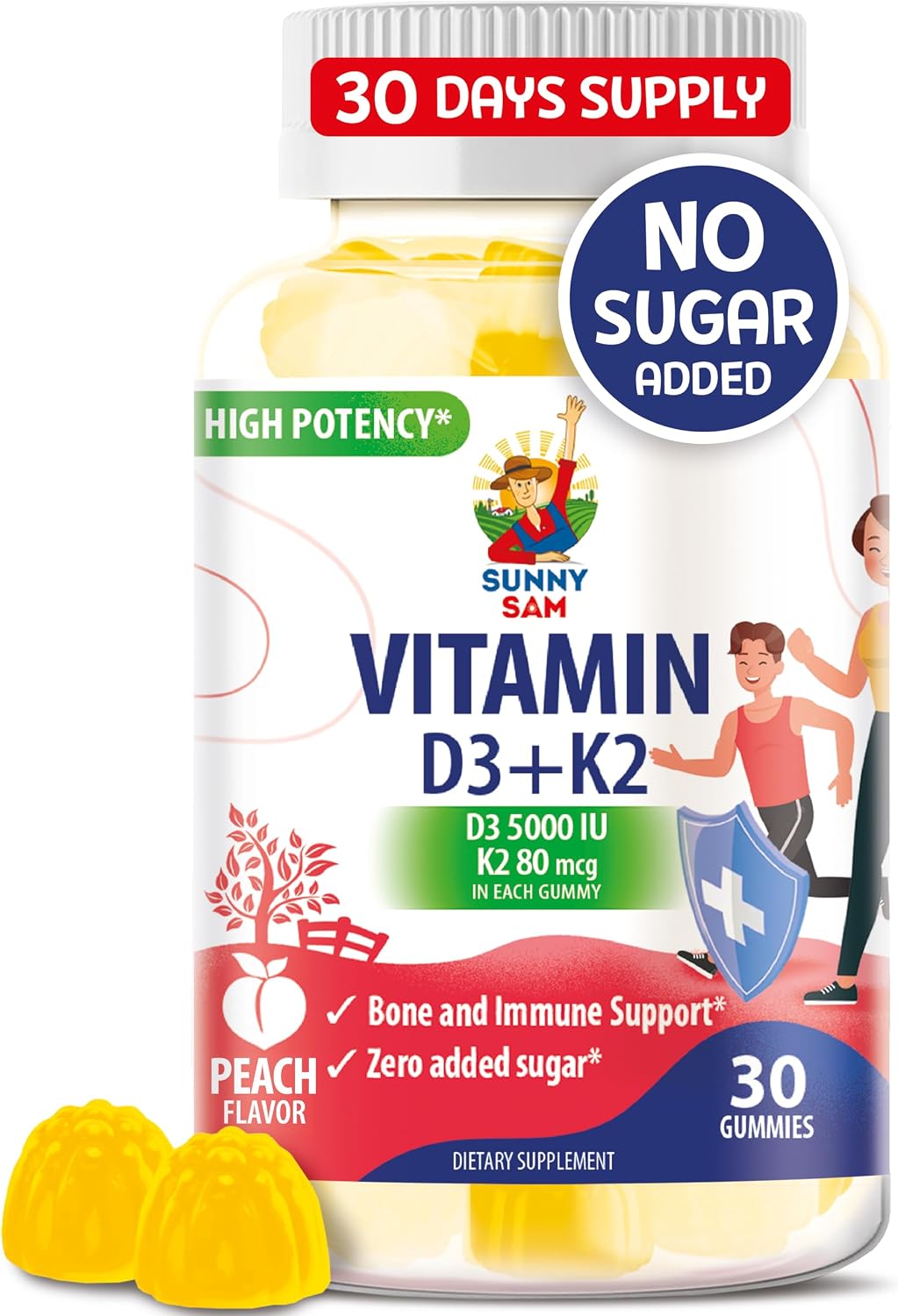 SUNNY SAM Vitamin D3 K2 Gummies - 5000 IU with 80 mcg MK-7 - Sugar-Free, Vegan - 30 Count - görsel 1