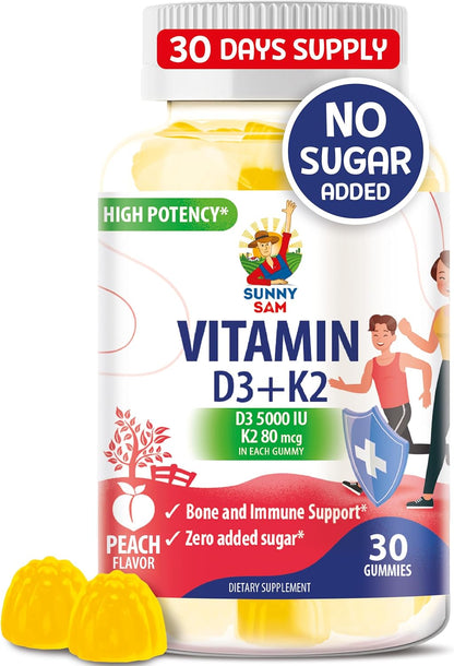 SUNNY SAM Vitamin D3 K2 Gummies - 5000 IU with 80 mcg MK-7 - Sugar-Free, Vegan - 30 Count