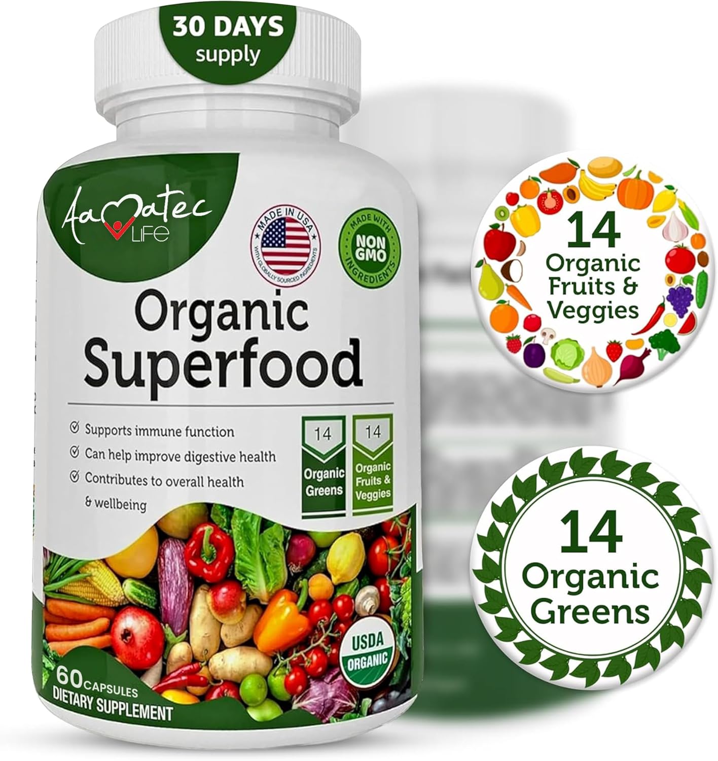 Organic Superfood Greens Fruits and Veggies Complex - 14 Greens & 14 Vegetables with Alfalfa - Non-GMO (120 Count, Pack of 2) - görsel 2