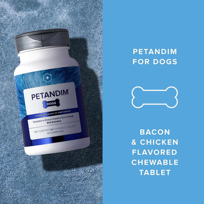 Petandim Dog Vitamins (30 Chewable Tablets) – Antioxidants, Joint Support, Skin and Coat Supplement, Omega-3 & Collagen, Chicken + Bacon Flavour
