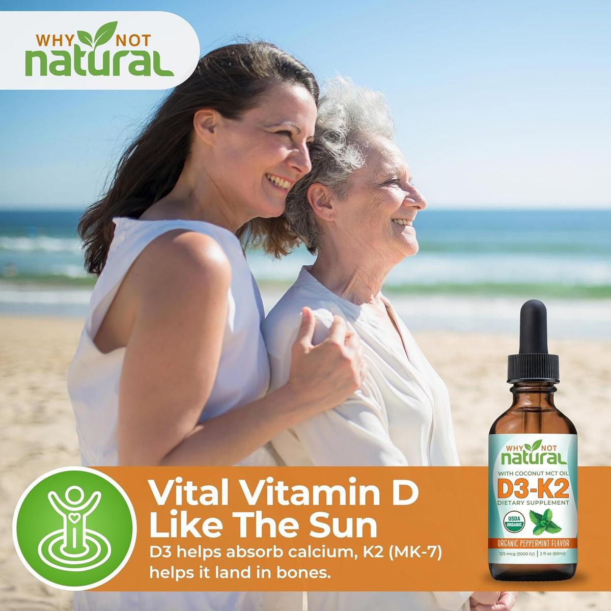 Why Not Natural Organic Vitamin D3 K2 (MK-7) Liquid Drops, 5000 IU D3 with Coconut MCT Oil, for Bones, Teeth and Immune Support - görsel 3