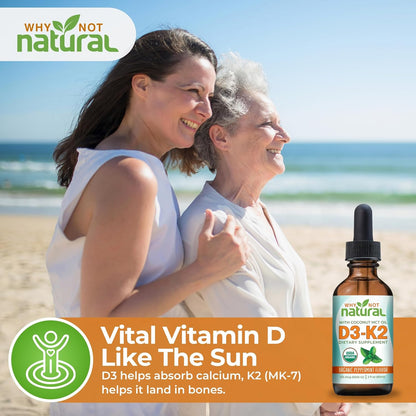 Why Not Natural Organic Vitamin D3 K2 (MK-7) Liquid Drops, 5000 IU D3 with Coconut MCT Oil, for Bones, Teeth and Immune Support