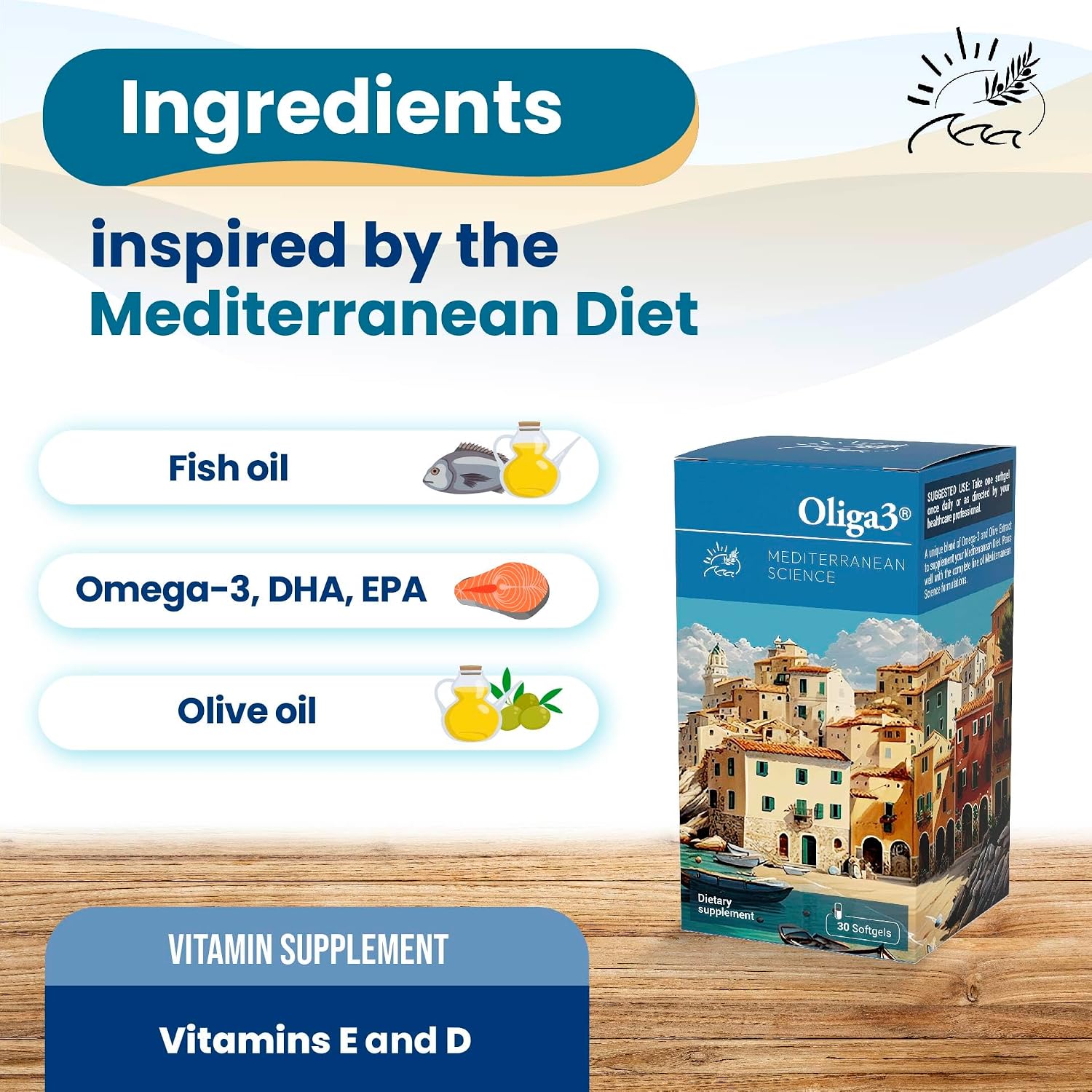 Oliga3 Omega-3 EPA DHA with Olive Oil, Vitamin D, E – Mediterranean Diet Inspired Food Supplement, 30 Softgels - görsel 2