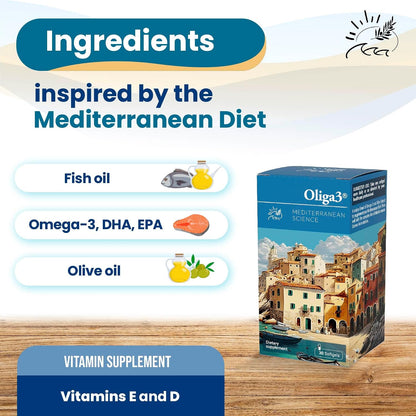 Oliga3 Omega-3 EPA DHA with Olive Oil, Vitamin D, E - Mediterranean Diet Inspired Supplement for Cardiovascular & Cognitive Health - 30 Soft gel capsules