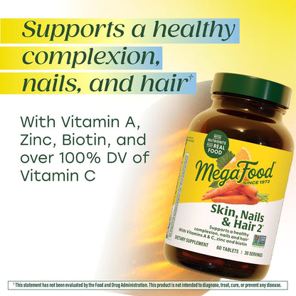 MegaFood Skin, Nails & Hair 2 - Vitamins for Men and Women - Biotin, Vitamin A, Vitamin C, Zinc, Vitamin B6, Vitamin E, Pantothenic Acid - Vegan - Made Without 9 Food Allergens - 90 Tablets (45 Servings)