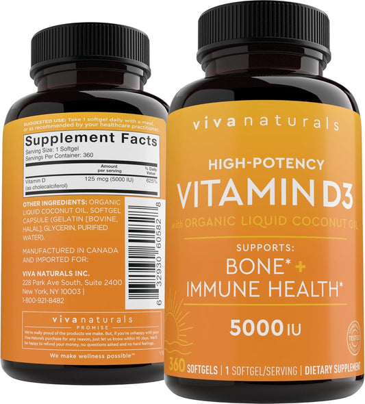 Viva Naturals Vitamin D3 5000 IU Softgels, 360 Count – For Bone & Immune Health