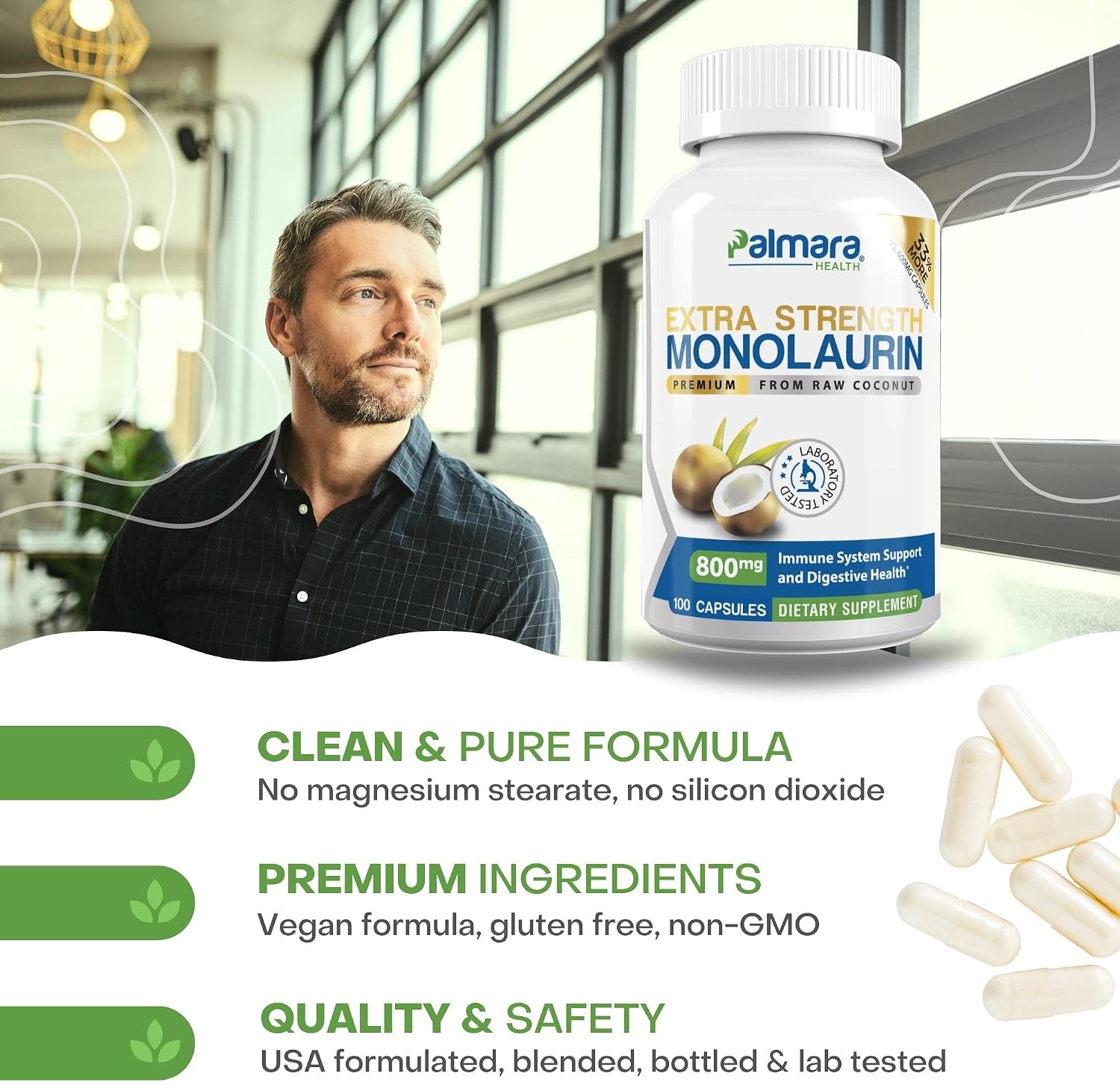 Palmara Health Extra Strength Monolaurin, 1600 mg per Serving, 800 mg per Capsule, 100 Capsules - görsel 7
