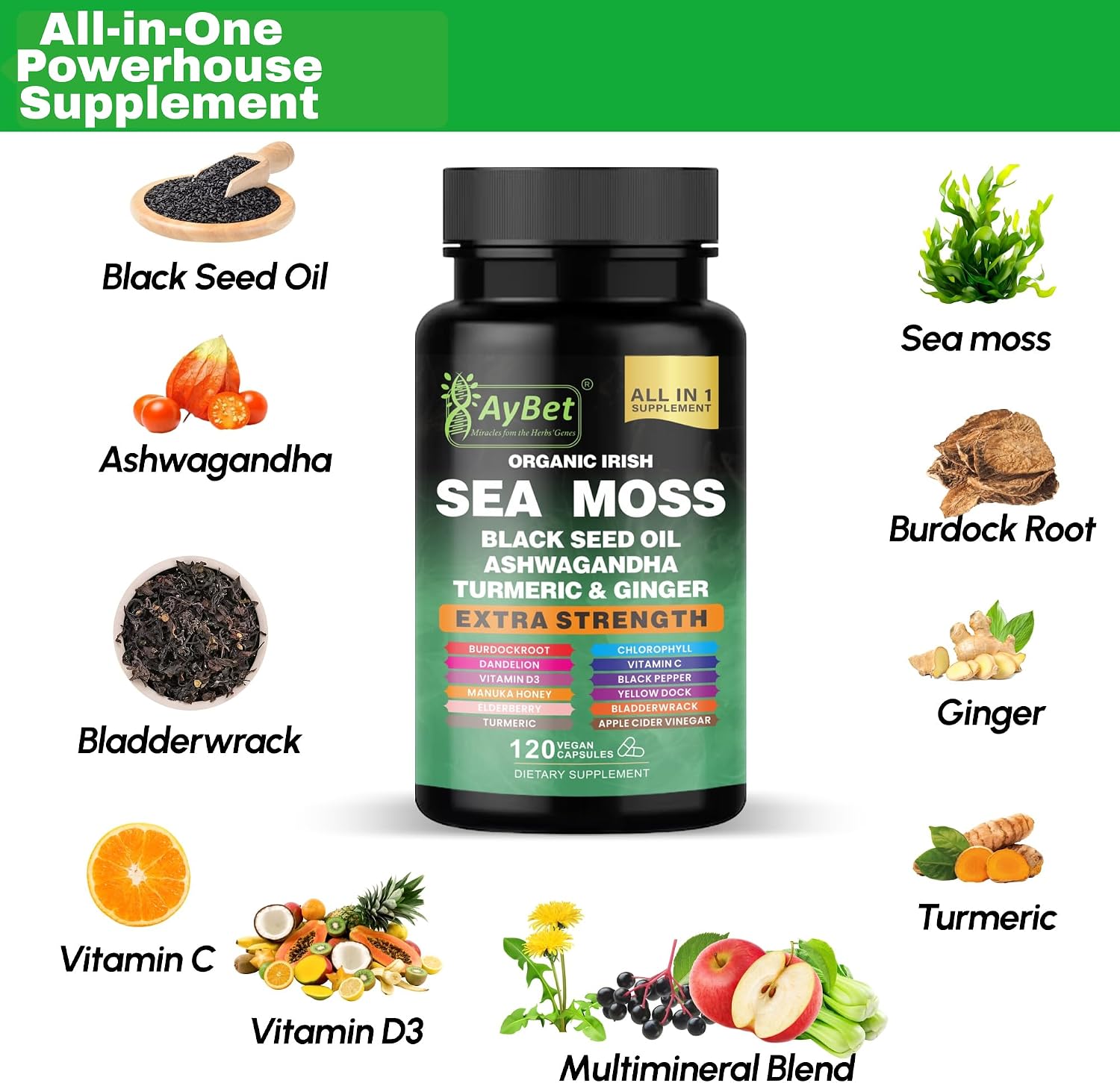 Organic Irish Sea Moss Capsules 120 Count – 16 in 1 Sea Moss Supplement with Black Seed Oil, Ashwagandha, Turmeric & Ginger, Bladderwrack & Burdock Root, Vitamin D3 – Organic, Vegan, Halal, Non-GMO - görsel 2