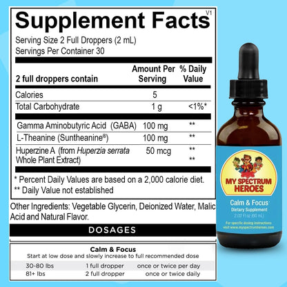 My Spectrum Heroes Calm & Focus Supplement Drops - Brain Support with L-theanine, GABA, Huperzine A - 60 ml