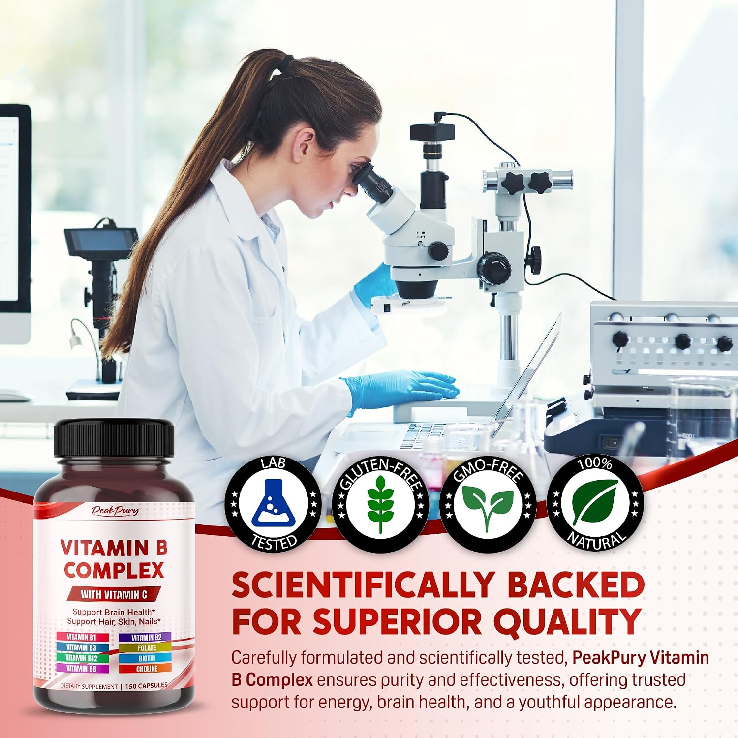 PEAKPURY Ultra Vitamin B Complex with Vitamin C – High Potency B1, B2, B3, Folate, B12, Biotin, B5 & Choline - görsel 6