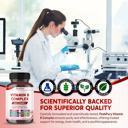 PEAKPURY Ultra Vitamin B Complex with Vitamin C – High Potency B1, B2, B3, Folate, B12, Biotin, B5 & Choline