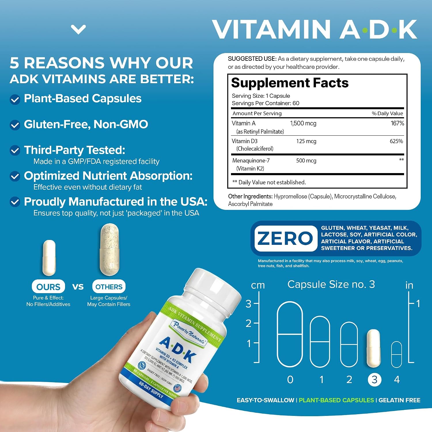 Power By Naturals ADK Vitamin Supplement – Vitamins A, D3 & K2 MK-7 for Bone Health & Calcium Absorption – 120 Capsules (Pack of 2) - görsel 3