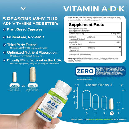 Power By Naturals ADK Vitamin Supplement – Vitamins A, D3 & K2 MK-7 for Bone Health & Calcium Absorption – 120 Capsules (Pack of 2)