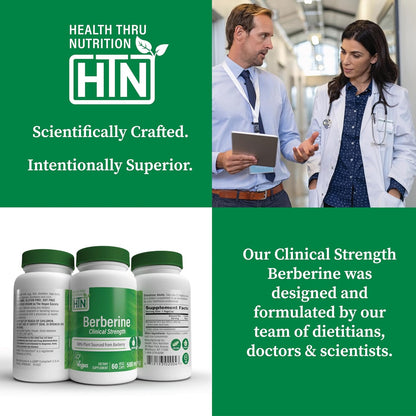 Health Thru Nutrition Berberine HCl 500mg – Clinical-Strength Supplement, Vegan, Non-GMO, 60 Capsules