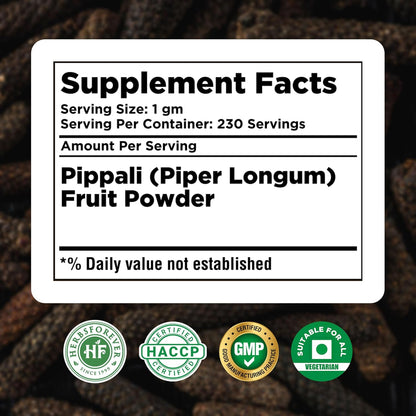 HerbsForever Pippali (Piper longum) Fruit Powder - Wild Harvested, Non-GMO, Vegan (230g)