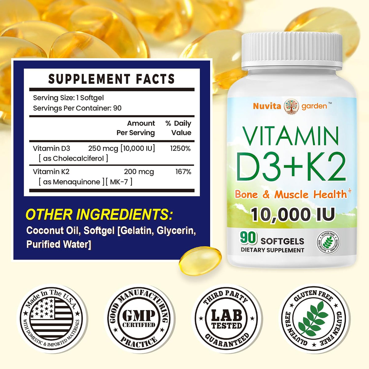 Vitamin D3 K2 10000iu 3 Month Supply for Healthy Muscle Function, Bone Health and Immune Support, Gluten-free, 90 Soft gel capsules - görsel 2