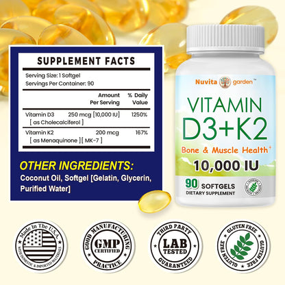 Vitamin D3 K2 10000iu 3 Month Supply for Healthy Muscle Function, Bone Health and Immune Support, Gluten-free, 90 Soft gel capsules