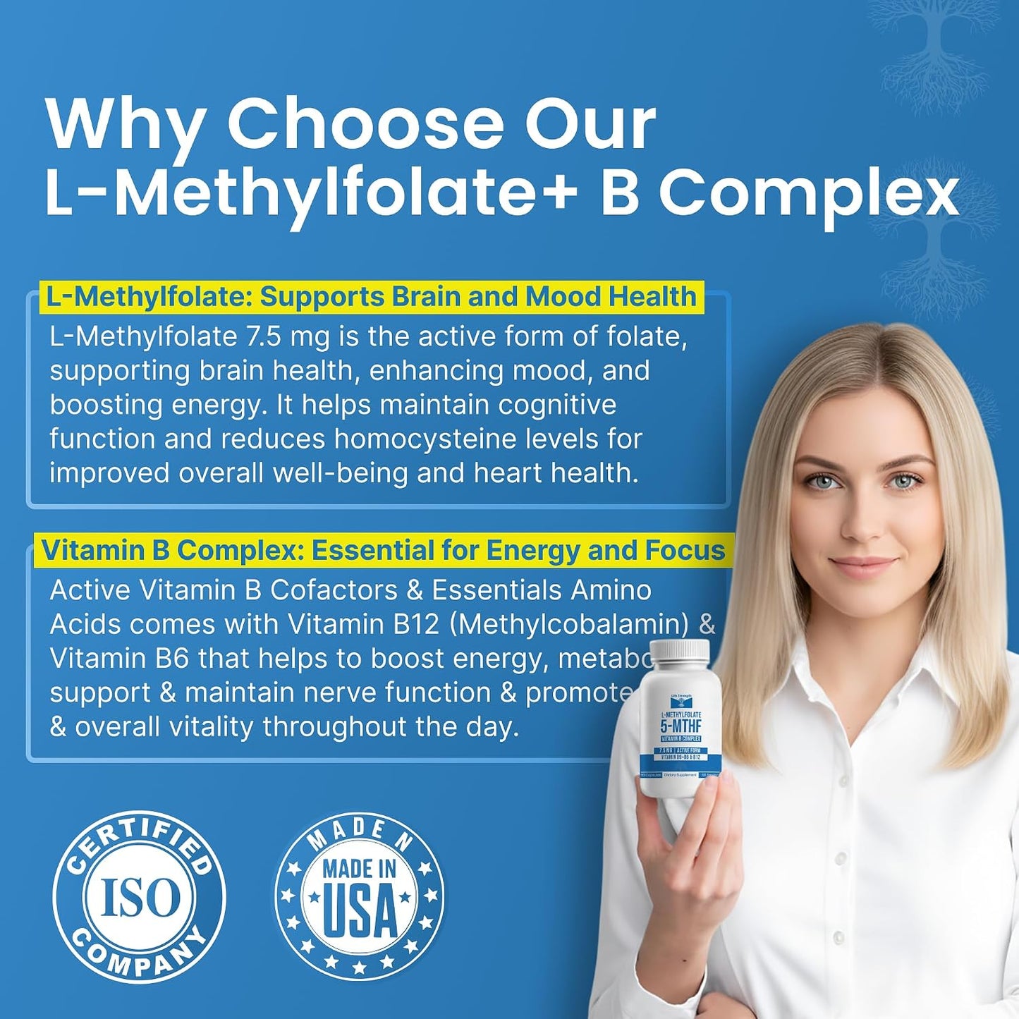 L-Methylfolate 7.5mg + Vitamin B Complex - 5-MTHF, B6 & B12 Methylcobalamin - 60 Capsules - Professional Strength Active Methyl Folate - görsel 6