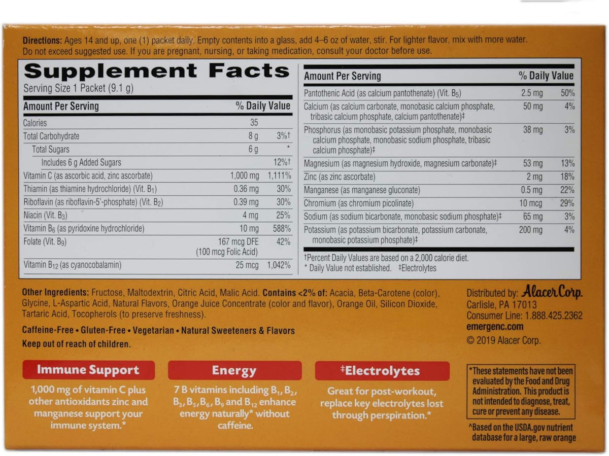 Emergen-C Vitamin C Fizzy Drink Mix, Super Orange, 120 Packets (4-Pack) - görsel 3