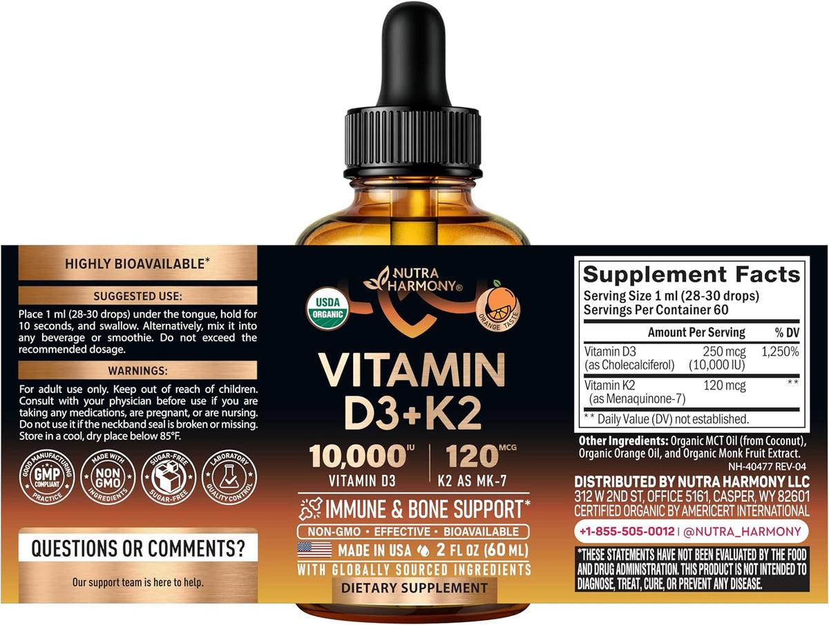 NUTRAHARMONY Vitamin D3 K2 USDA Organic Drops - 10,000 IU D3 & 120 µg MK-7 - Immune & Bone Support - Sugar-Free Orange Flavour - 60 ml - görsel 2
