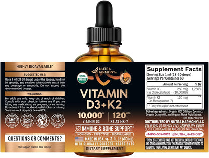 NUTRAHARMONY Vitamin D3 K2 USDA Organic Drops - 10,000 IU D3 & 120 µg MK-7 - Immune & Bone Support - Sugar-Free Orange Flavour - 60 ml