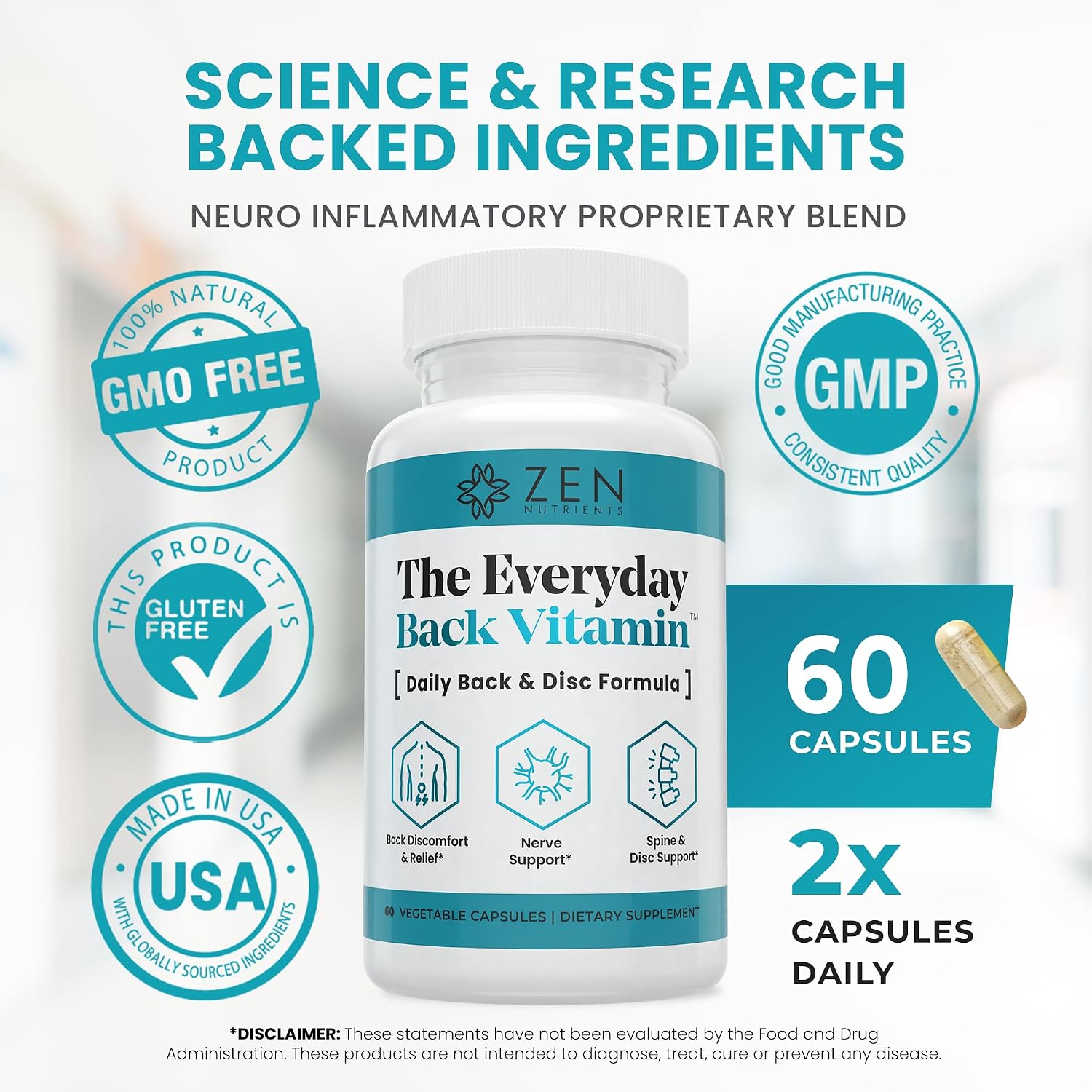 Zen Nutrients The Everyday Back Vitamin - Back, Disc and Nerve Support Food Supplement with Alpha Lipoic Acid, Turmeric & Glucosamine (60 Capsules) - görsel 5