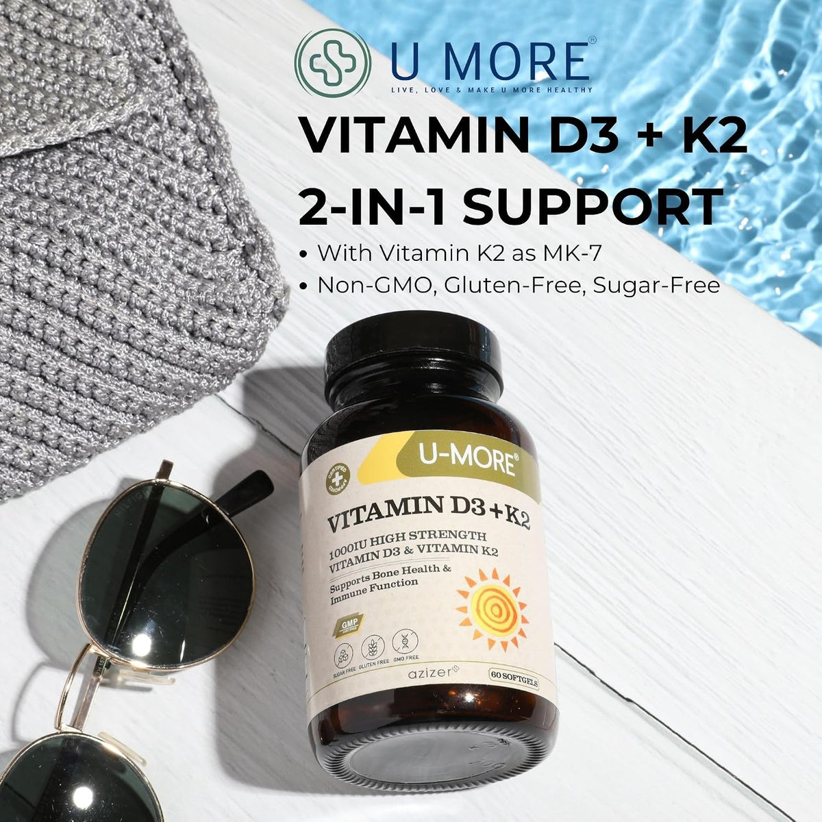 U-MORE - 1000 IU High Strength Vitamin D3 & Vitamin K2 (Menaquinone-7) - Sugar Free - Supports Bone Strength & Immune Function - 60 Soft gel capsules - görsel 5